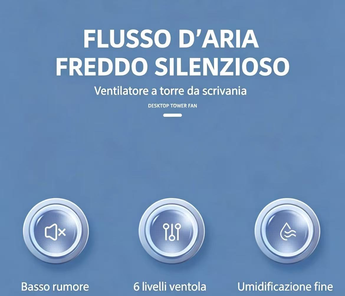 Sfondo blu con testo bianco e tre icone: basso rumore, 6 velocità, umidificazione fine.