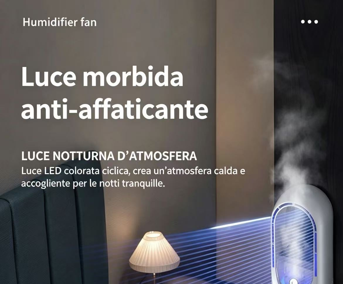 Un umidificatore bianco emette vapore e un raggio di luce blu accanto a un letto.