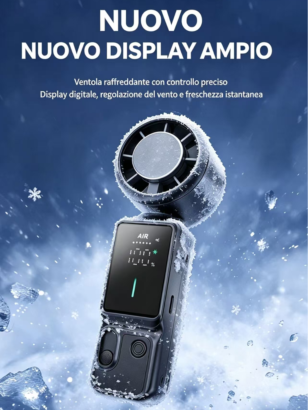 Un ventilatore portatile con display digitale, coperto di ghiaccio e neve.