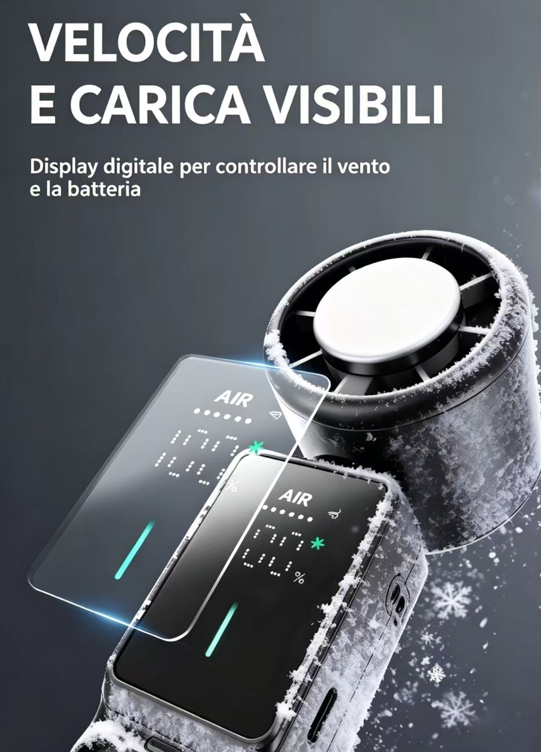 Display digitale per velocità vento e livello batteria con fiocchi di neve.