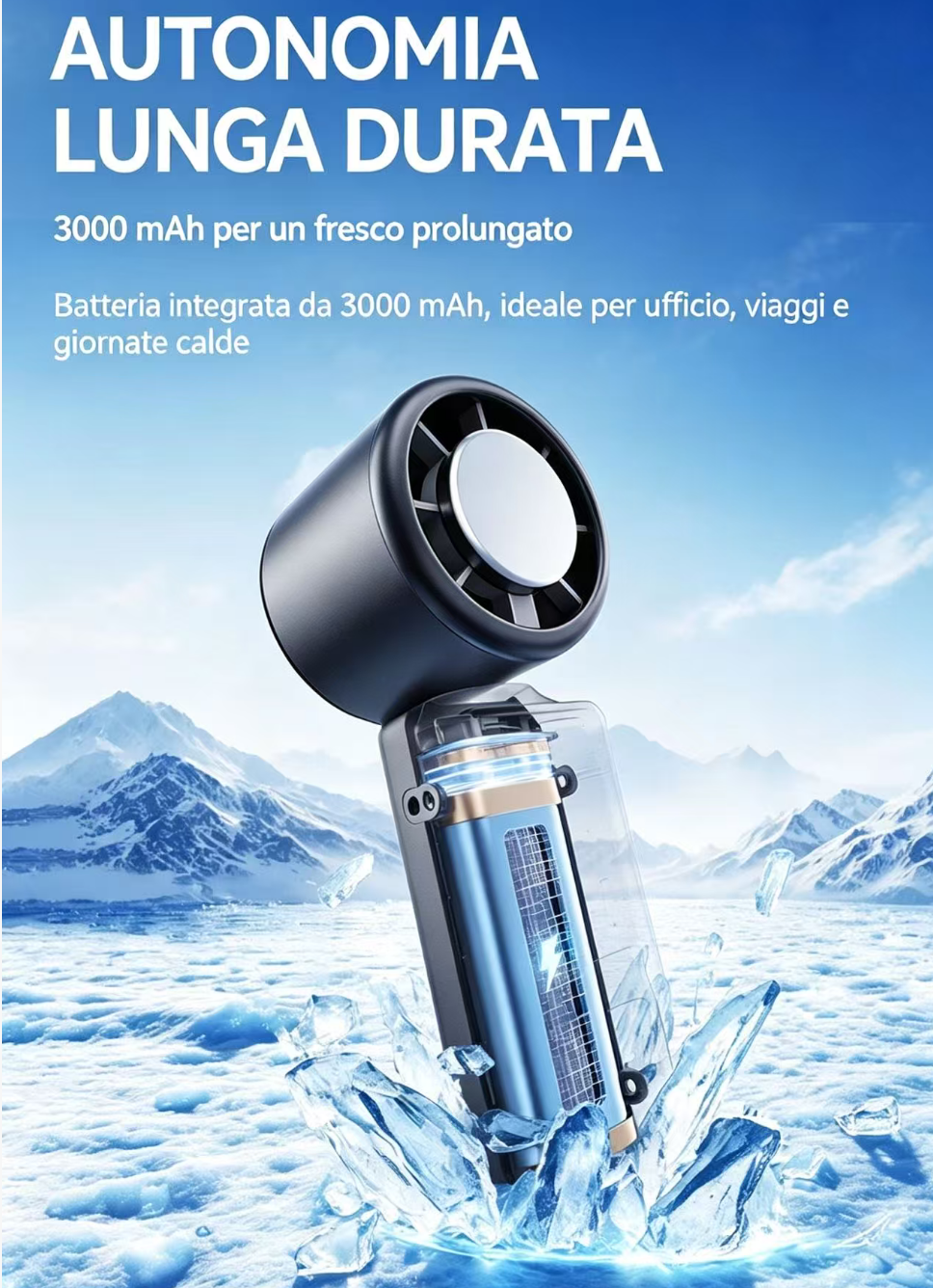 Ventilatore portatile con batteria trasparente in paesaggio ghiacciato.