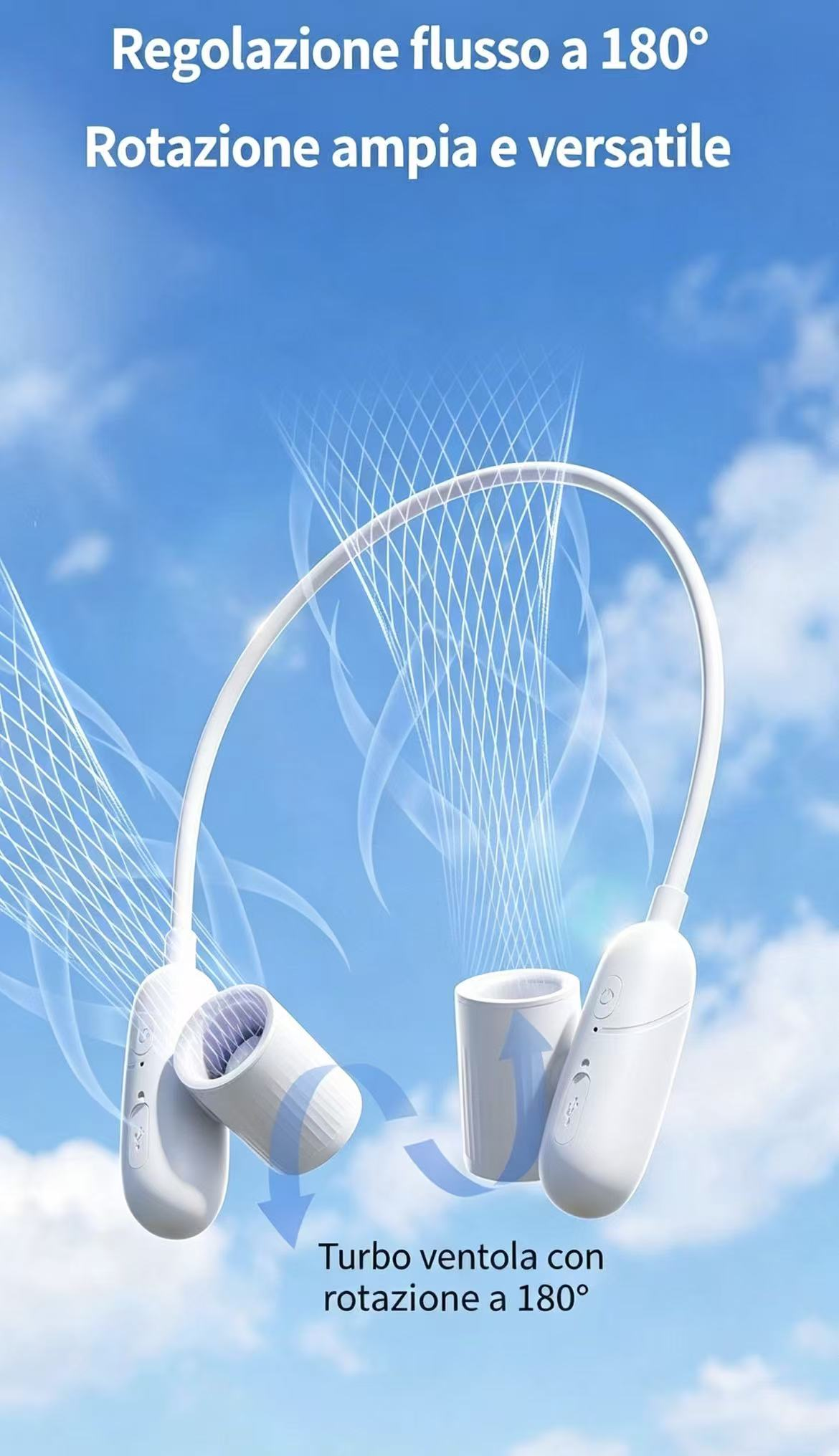 Un ventilatore da collo bianco con ventole rotanti su sfondo blu.
