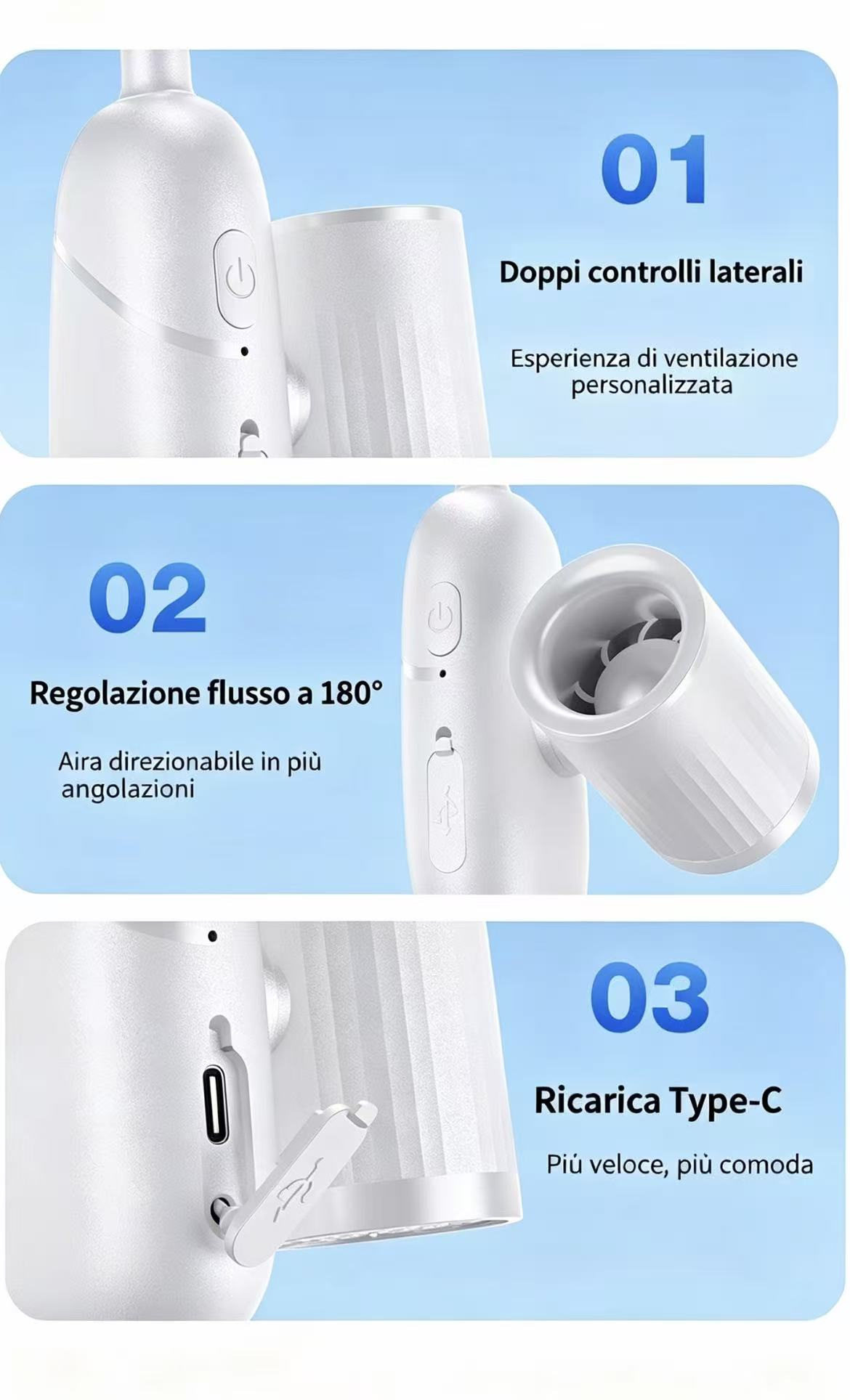 Tre design di ventilatori bianchi con numeri e testo.