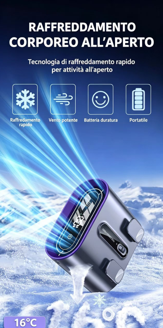 Un refrigeratore portatile sulla neve con raggi blu che puntano verso l'alto. Mostra 16°C.