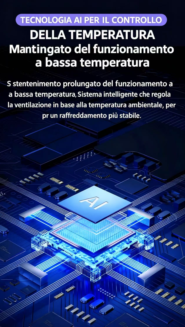 Scheda di circuito blu astratta con un chip AI centrale e linee luminose.