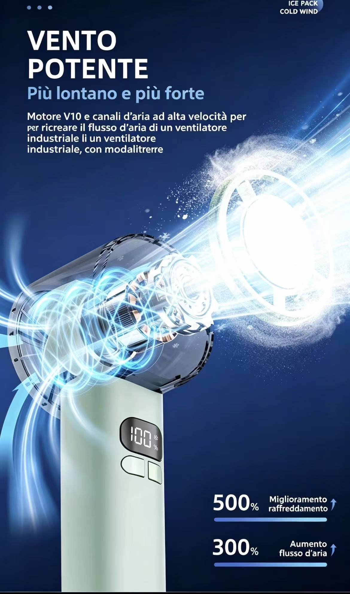 Un ventilatore luminoso con motore e flusso d'aria visibili, che indica vento freddo.