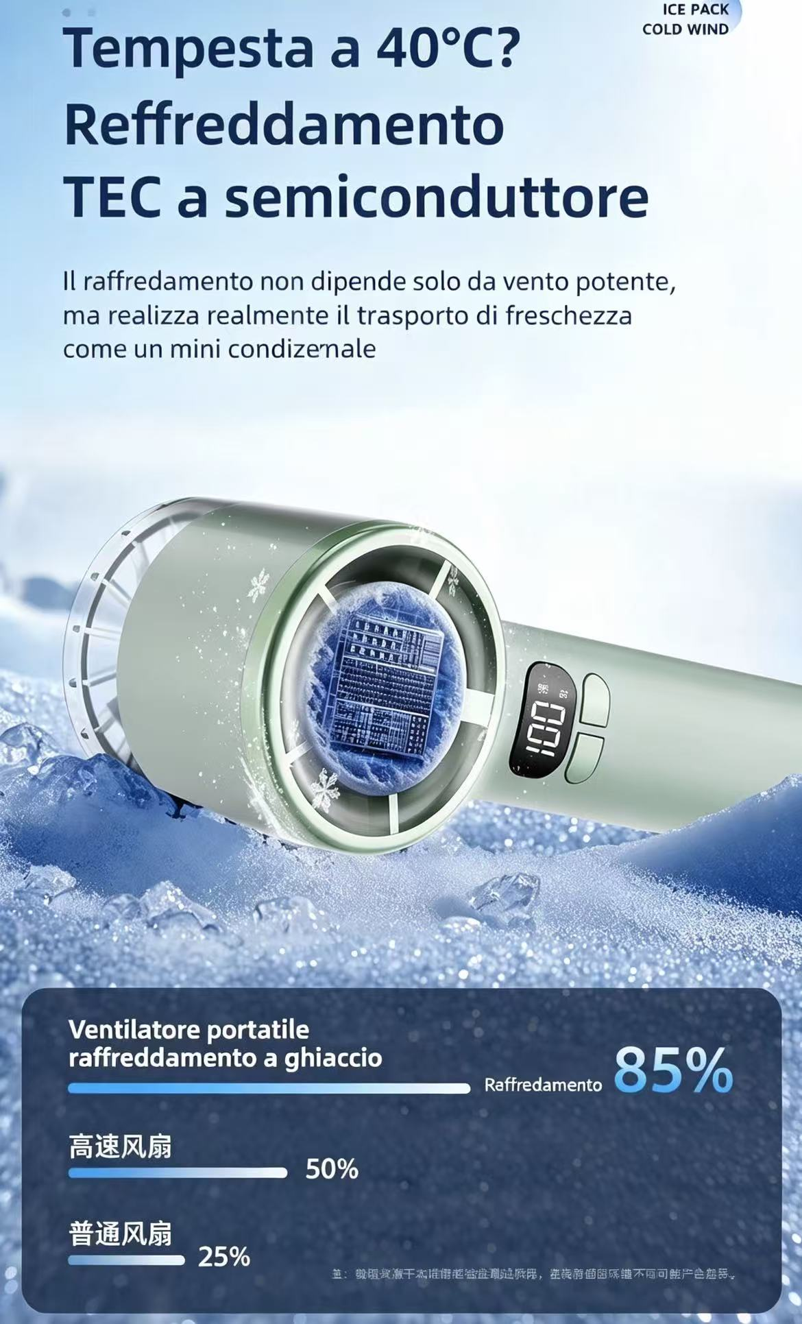 Ventilatore portatile con raffreddamento a ghiaccio, 85% di potenza.