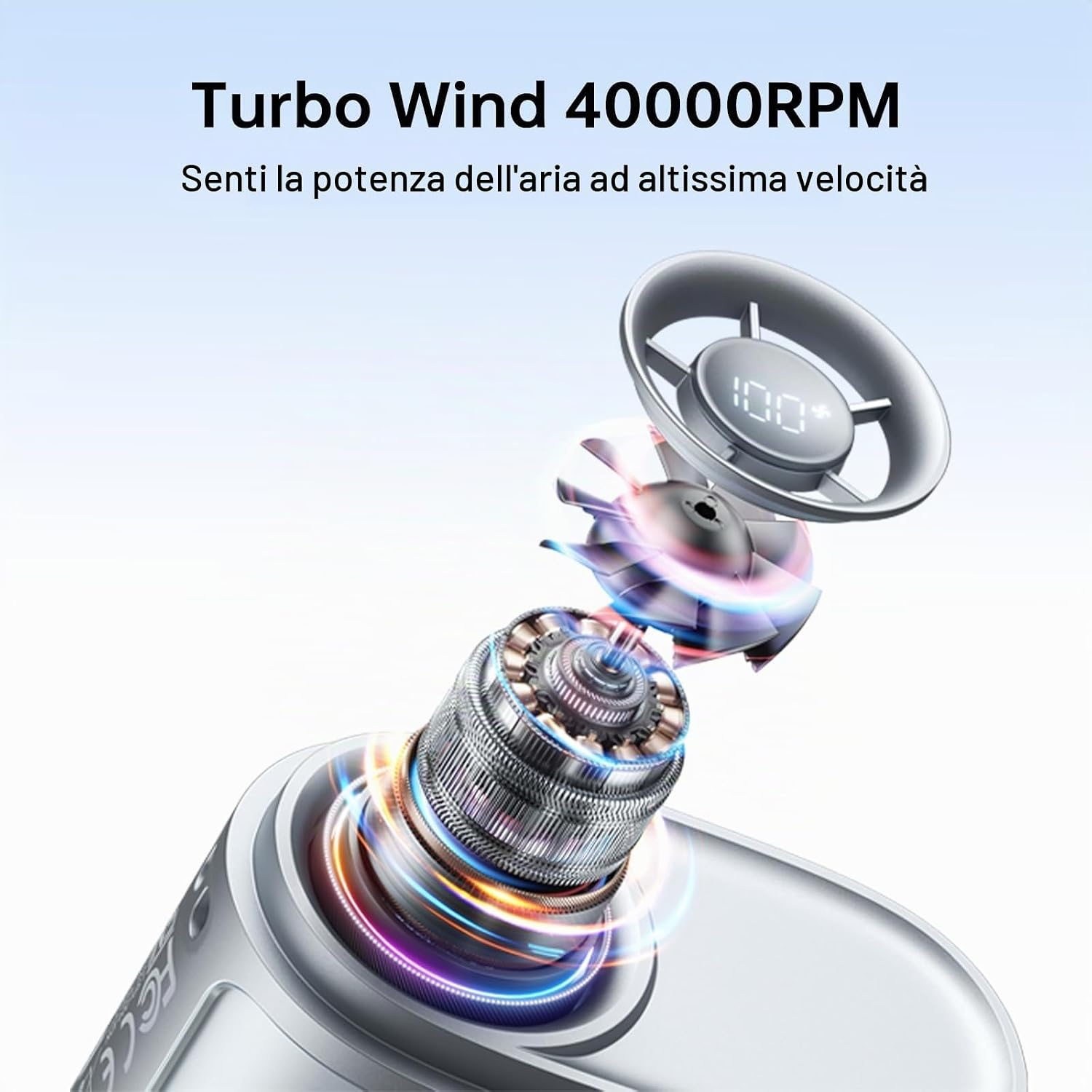 Particolare di un motore di ventola a 40000 RPM, con effetti di luce blu e rossi.