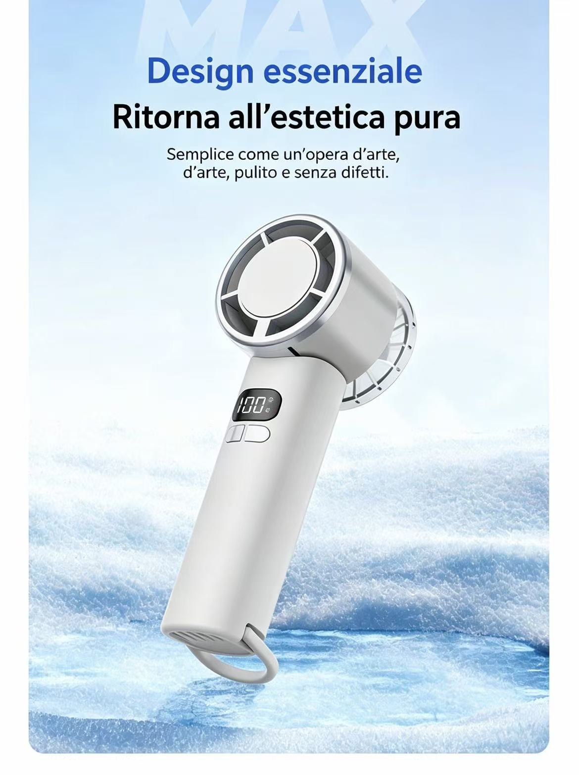 Un ventilatore bianco portatile con display digitale poggia su una superficie ghiacciata.