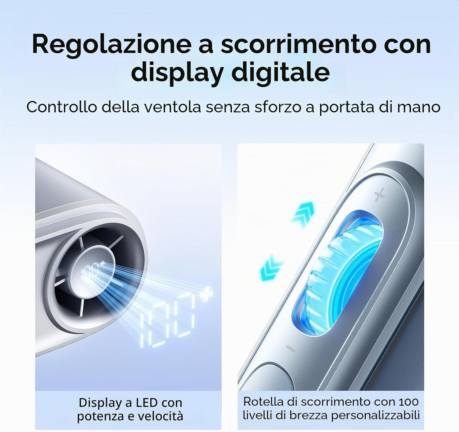 Primo piano di una ventola argentata con display digitale e rotella di scorrimento.