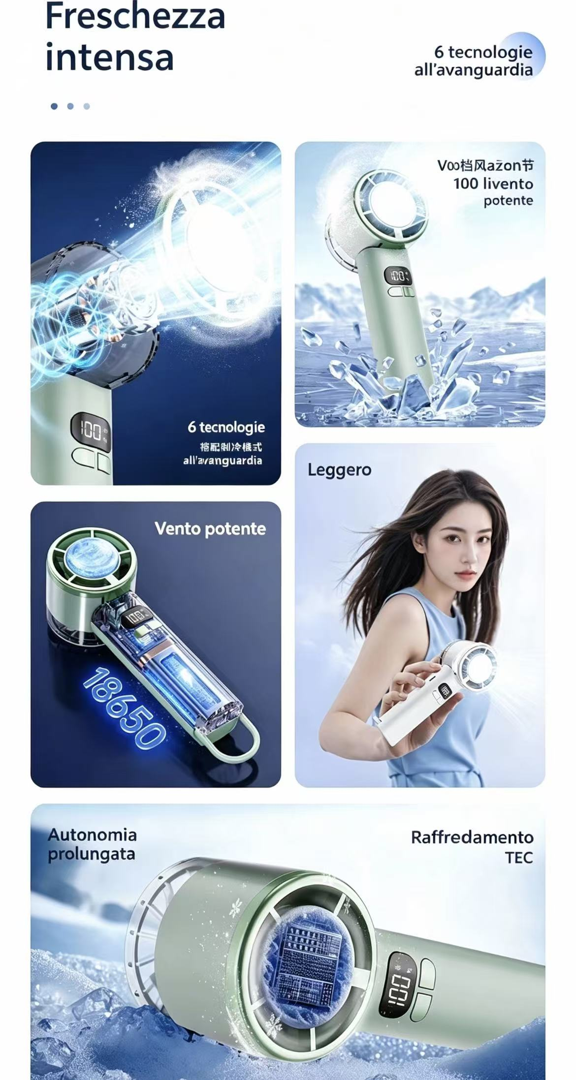 Un ventilatore verde con display digitale che espelle aria. Diverse immagini mostrano funzioni.