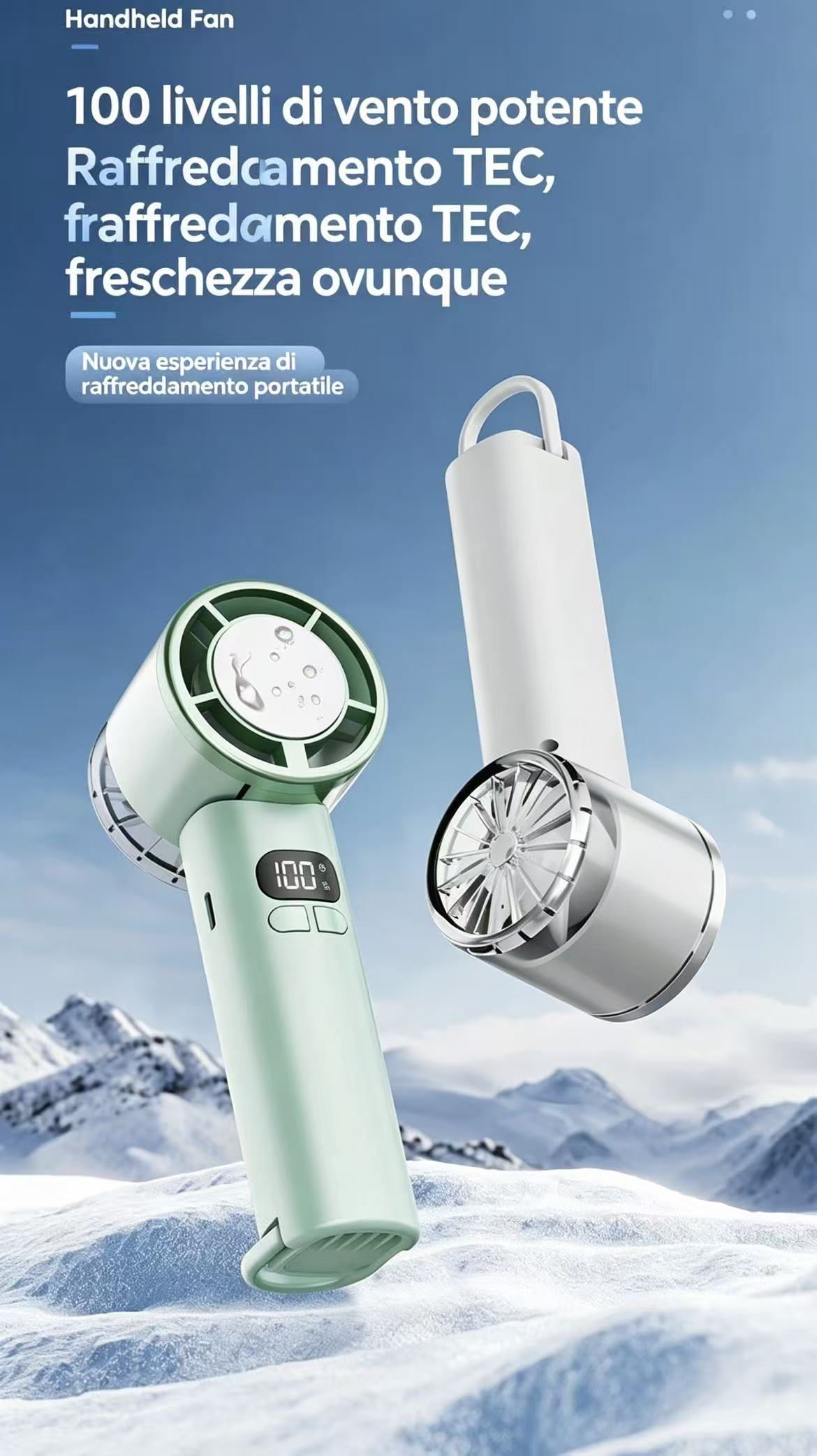 Due ventilatori portatili, uno verde pastello e uno bianco, su sfondo di montagne innevate.