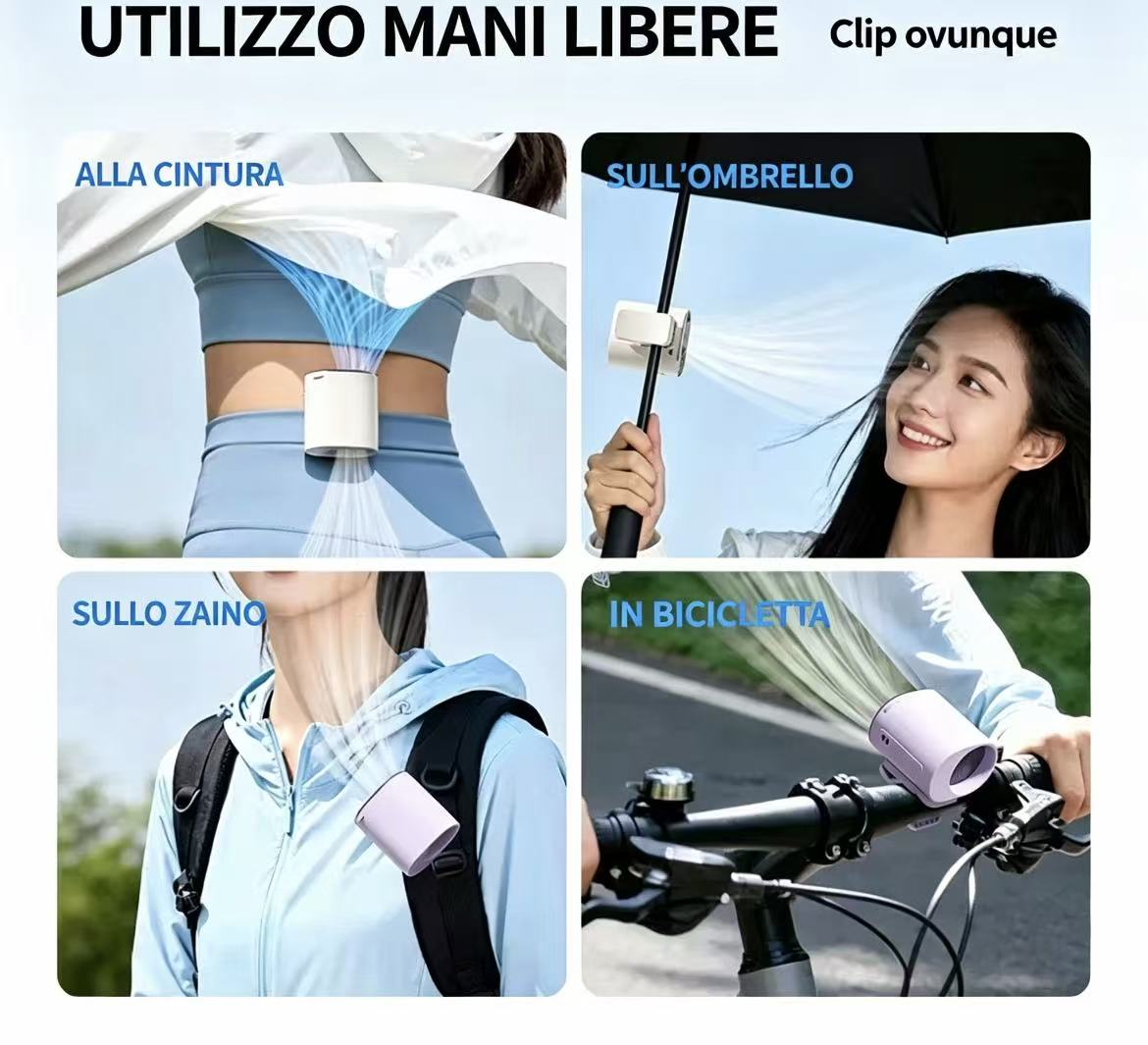 Un ventilatore portatile agganciato ad abiti, ombrello e bicicletta.