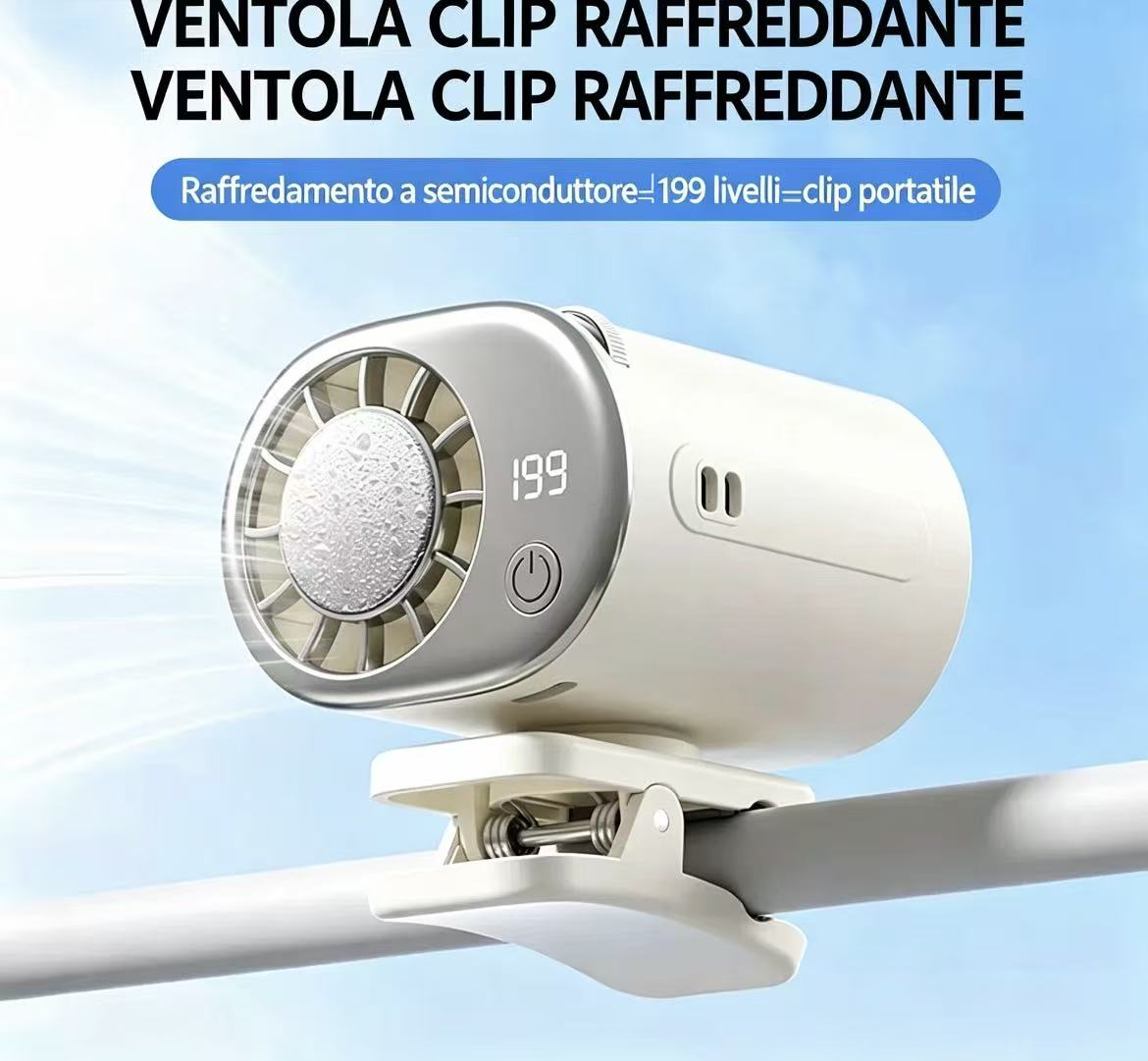 Un ventilatore portatile bianco e grigio con supporto a clip e display digitale.