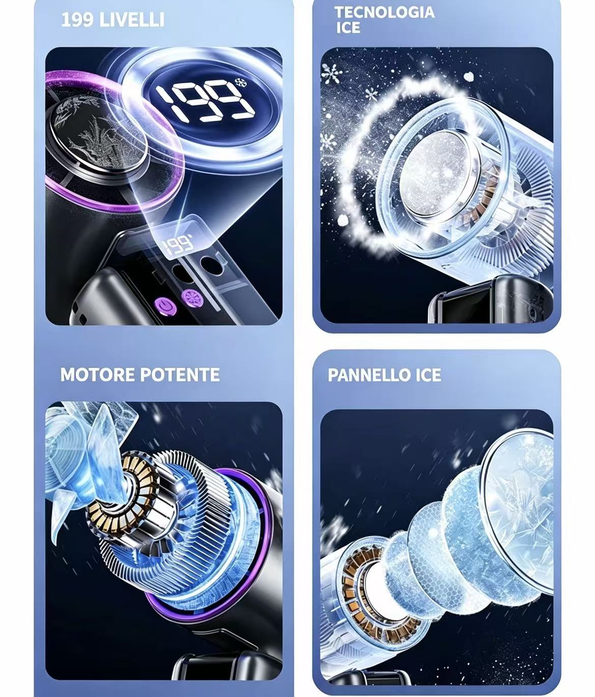 Quattro immagini mostrano dettagli del dispositivo: 199 livelli, tecnologia ice, motore potente, pannello ice.