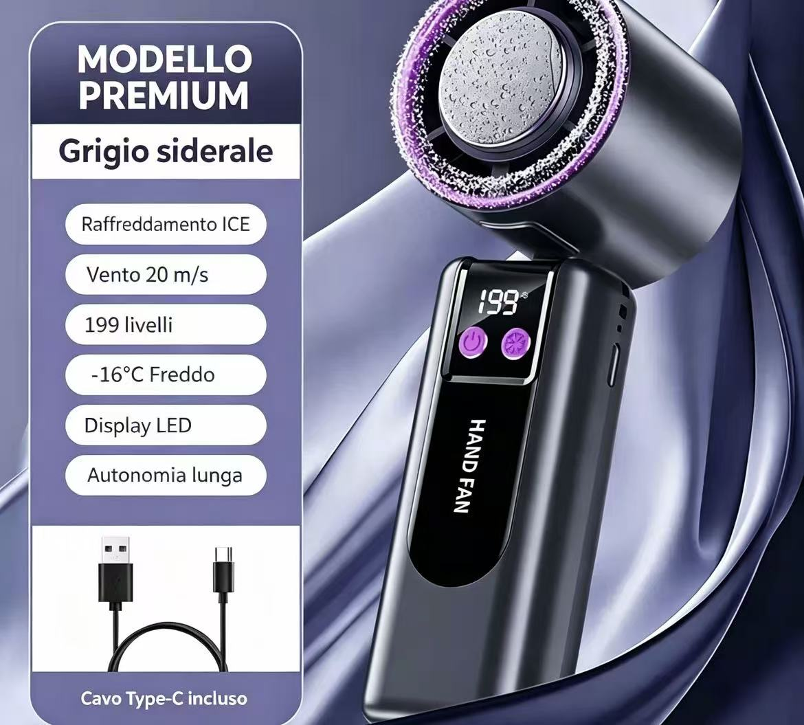 Un ventilatore portatile scuro con display LED, che offre un potente raffreddamento.