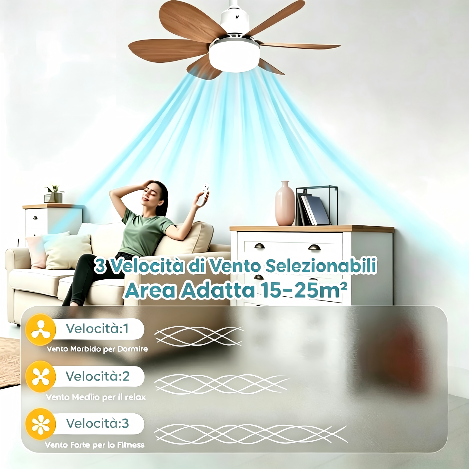 Donna si rilassa sul divano sotto ventilatore a soffitto con flusso d'aria.