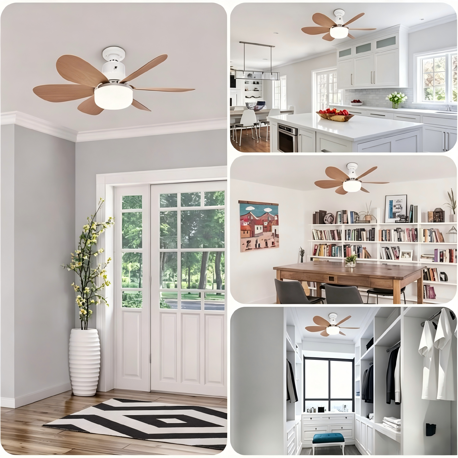 Ventilatore da soffitto con pale in legno e luce in una casa moderna.