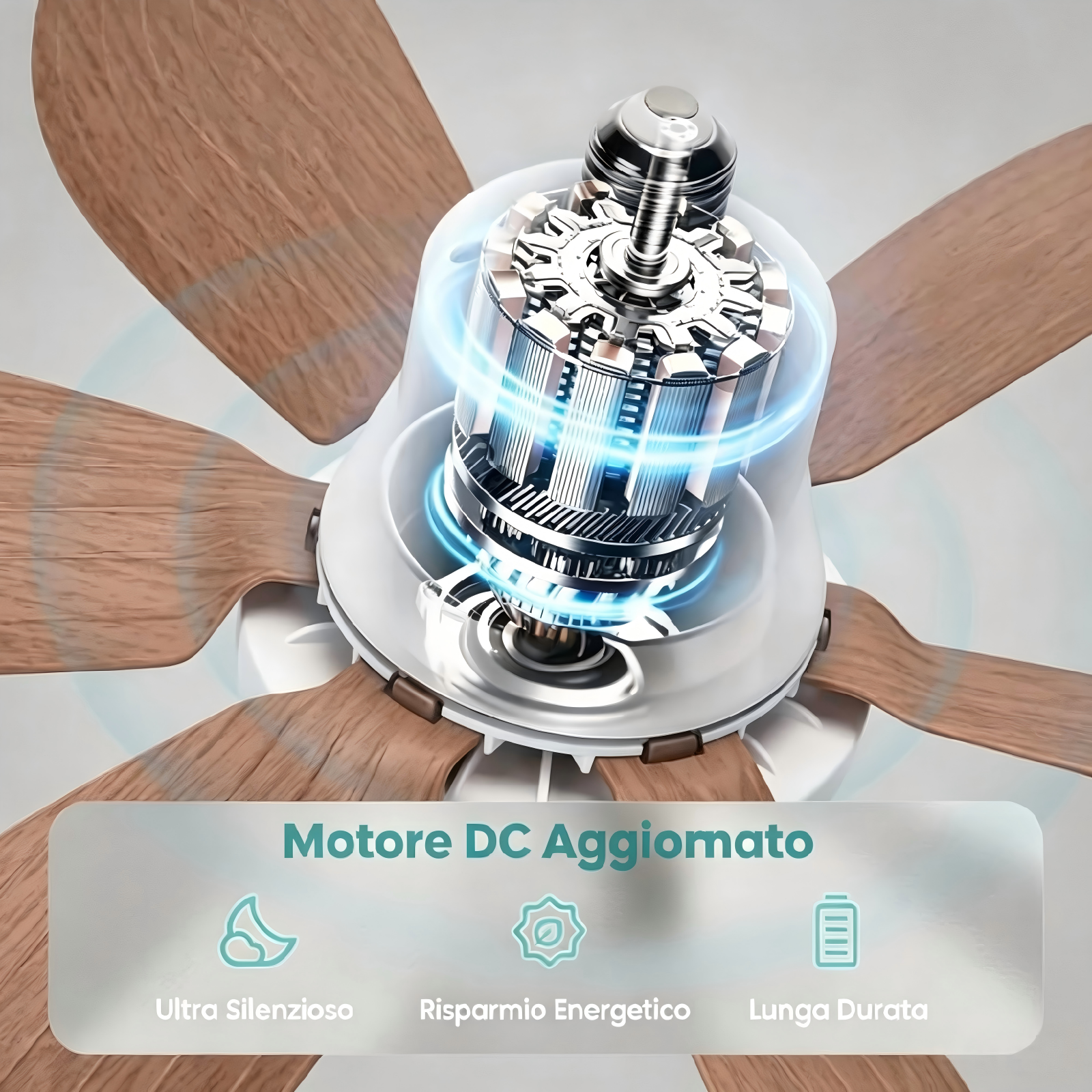 Primo piano di un moderno ventilatore con motore DC e pale in legno. Luce blu evidenzia il motore.