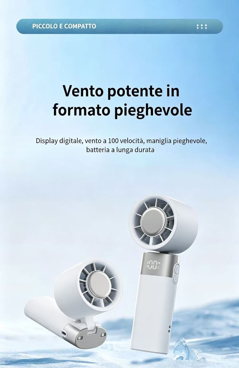 Due ventilatori bianchi pieghevoli con display digitali su sfondo ghiacciato.