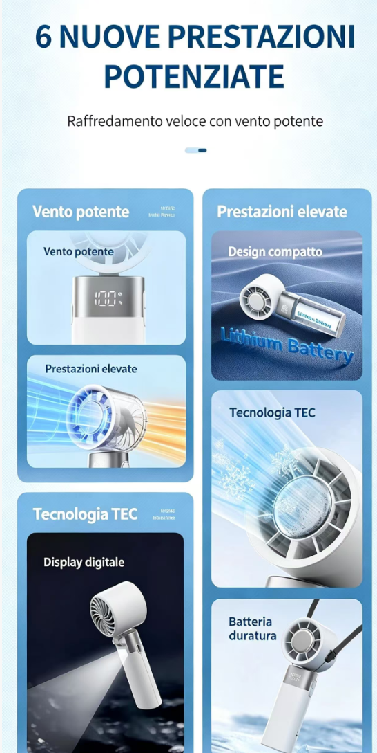 Panoramica del prodotto con 6 funzionalità: vento forte, alte prestazioni, design compatto, batteria al litio, tecnologia TEC.