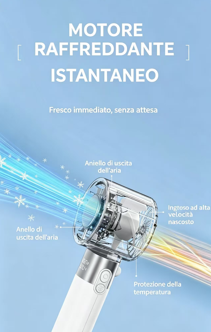 Un ventilatore portatile con funzione di raffreddamento, che emette flussi d'aria blu e gialli.