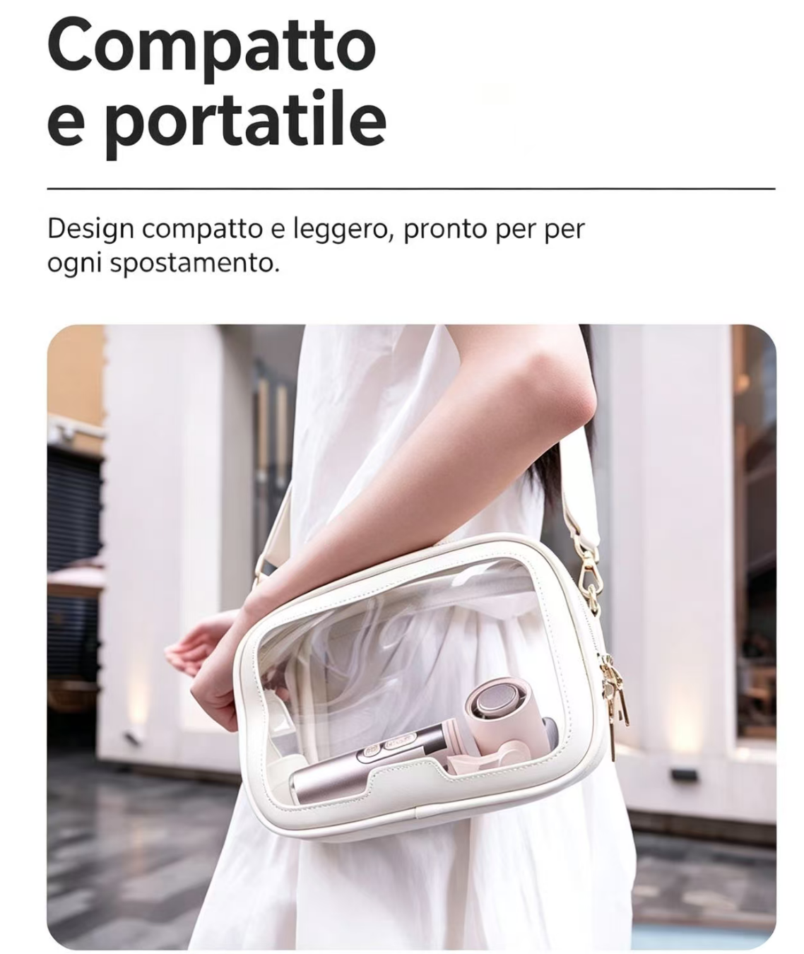 Una donna indossa una borsa bianca trasparente con prodotti di bellezza.