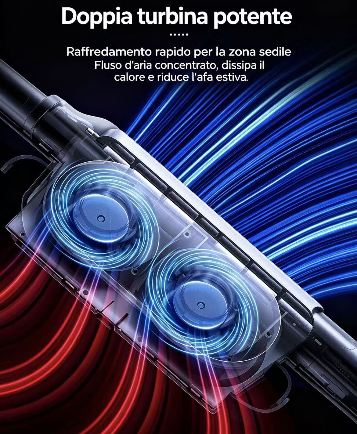 Doppia turbina potente con flussi blu e rossi. Raffreddamento.