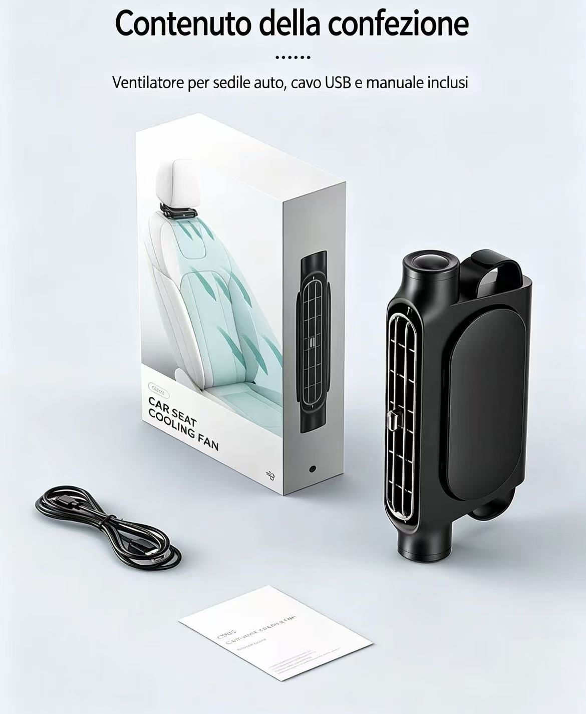 Contenuto della confezione: ventilatore per sedile auto, cavo USB e manuale.