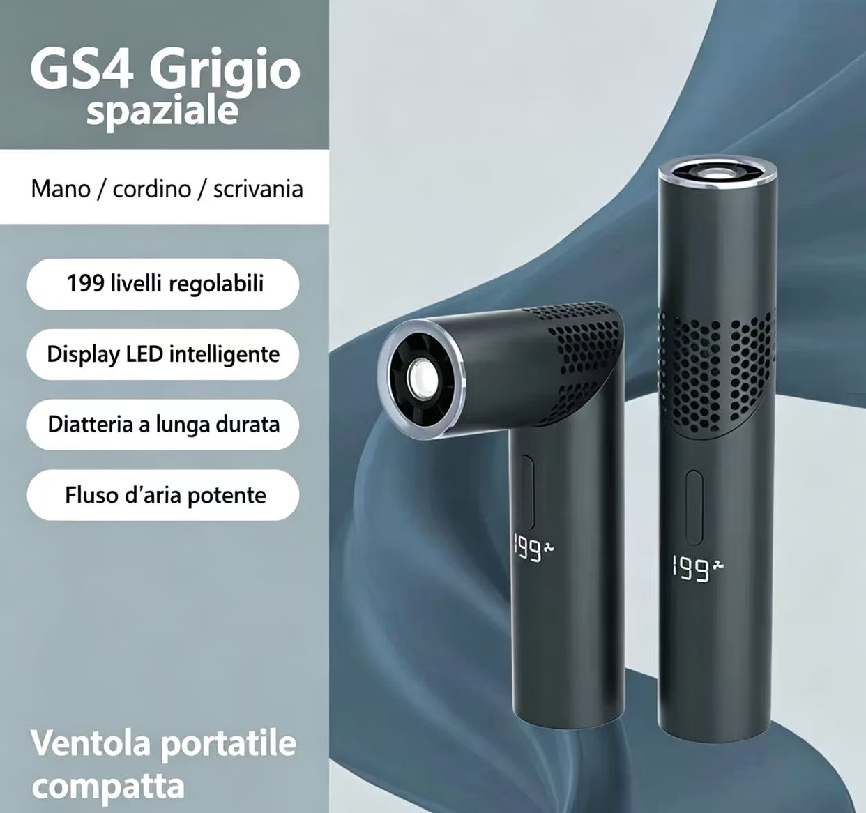Ventilatore portatile grigio compatto GS4 con livelli regolabili e display LED.