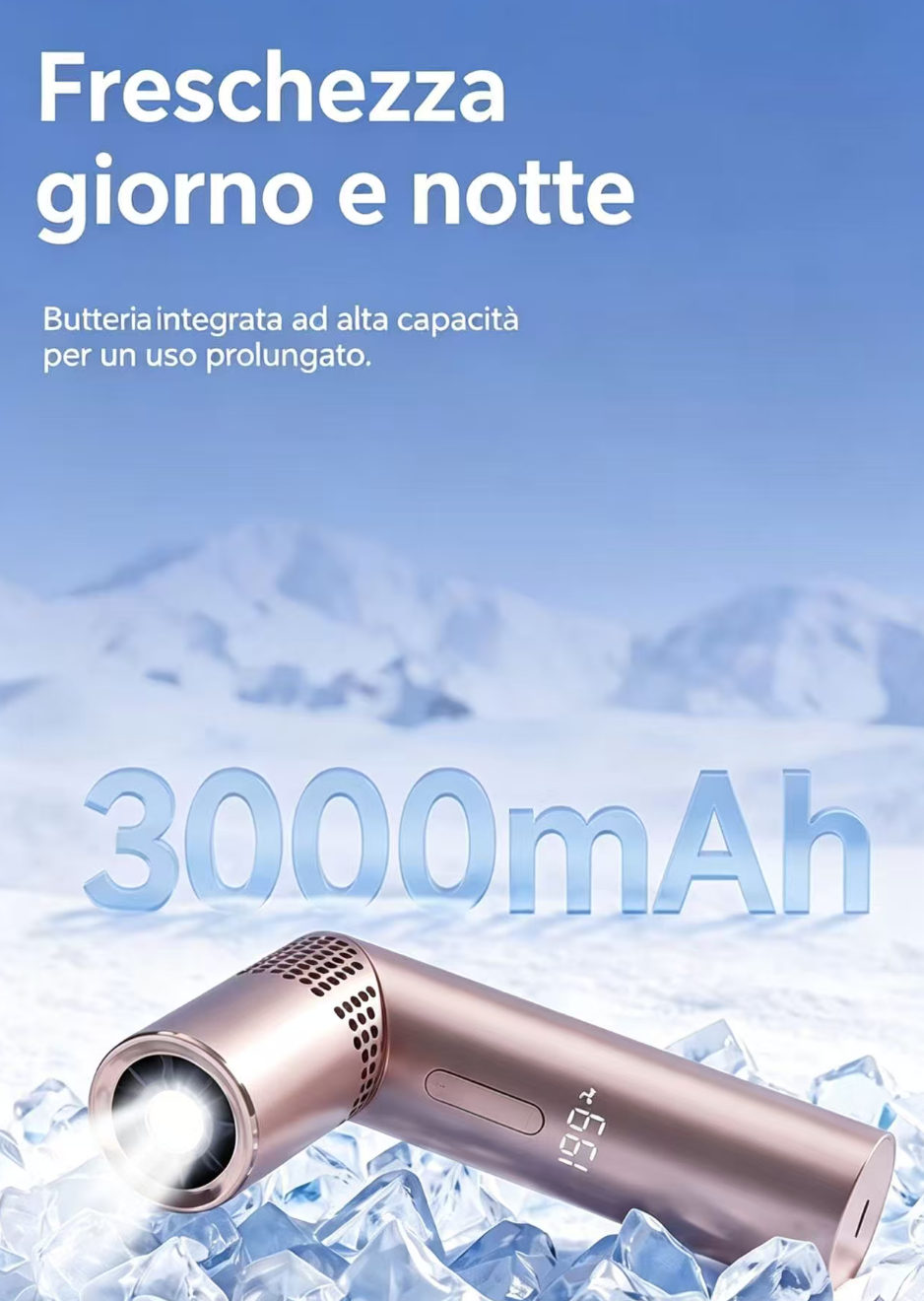 Un ventilatore oro rosa da 3000mAh poggia sul ghiaccio.