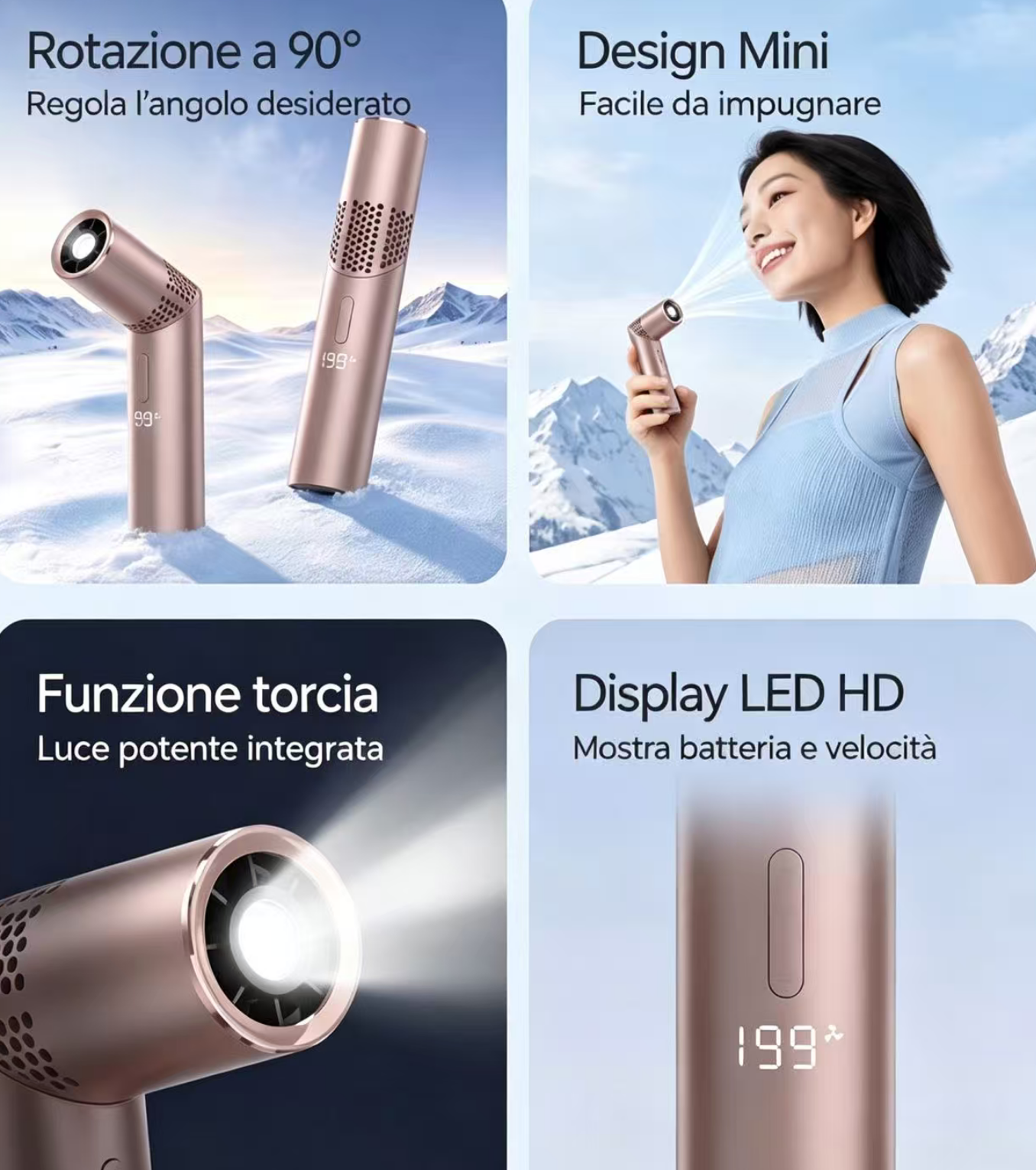 Un ventilatore color oro rosa con tre funzioni: rotazione 90°, design mini e luce LED.