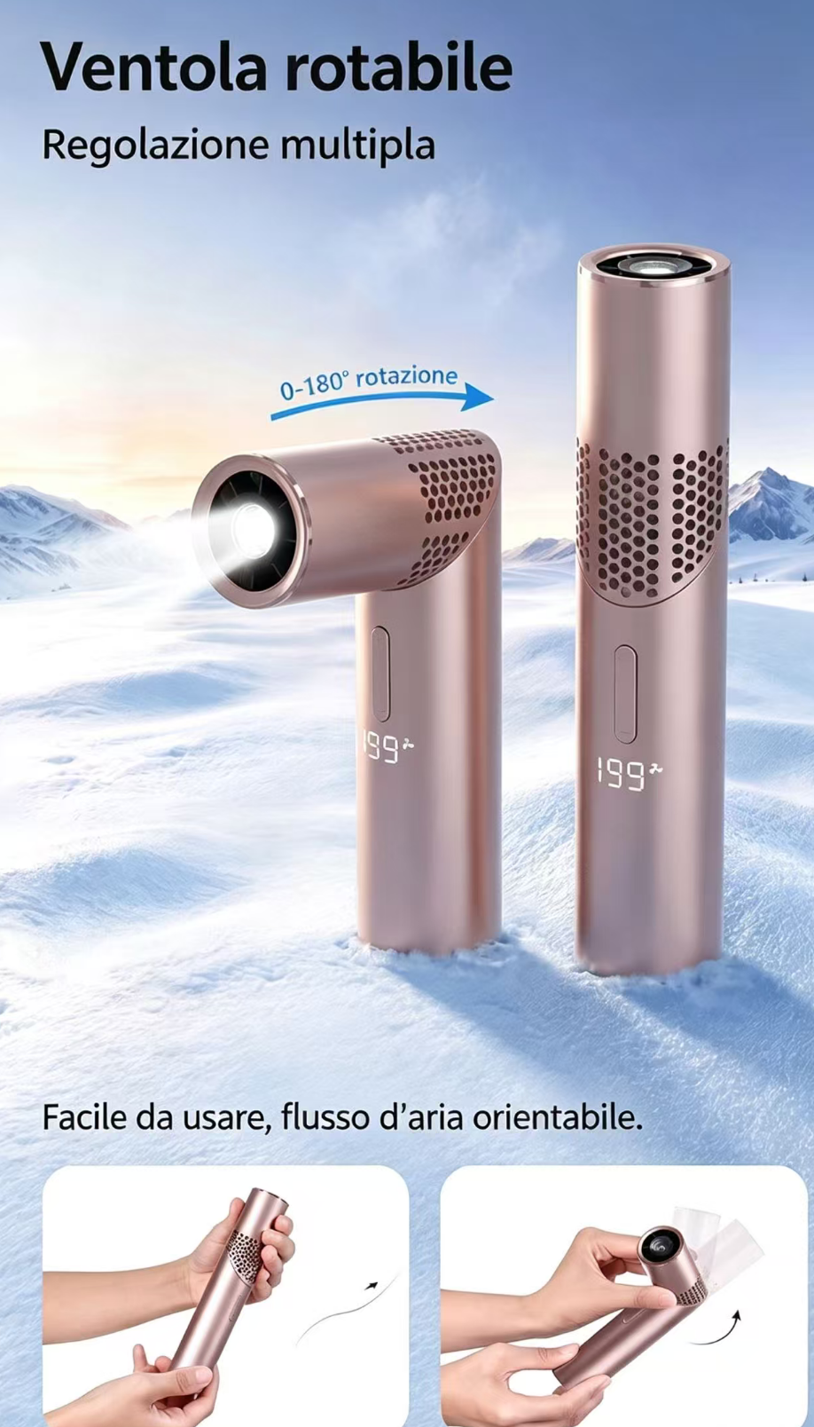 Ventilatore oro rosa con testa rotante sulla neve, rotazione 0-180°.