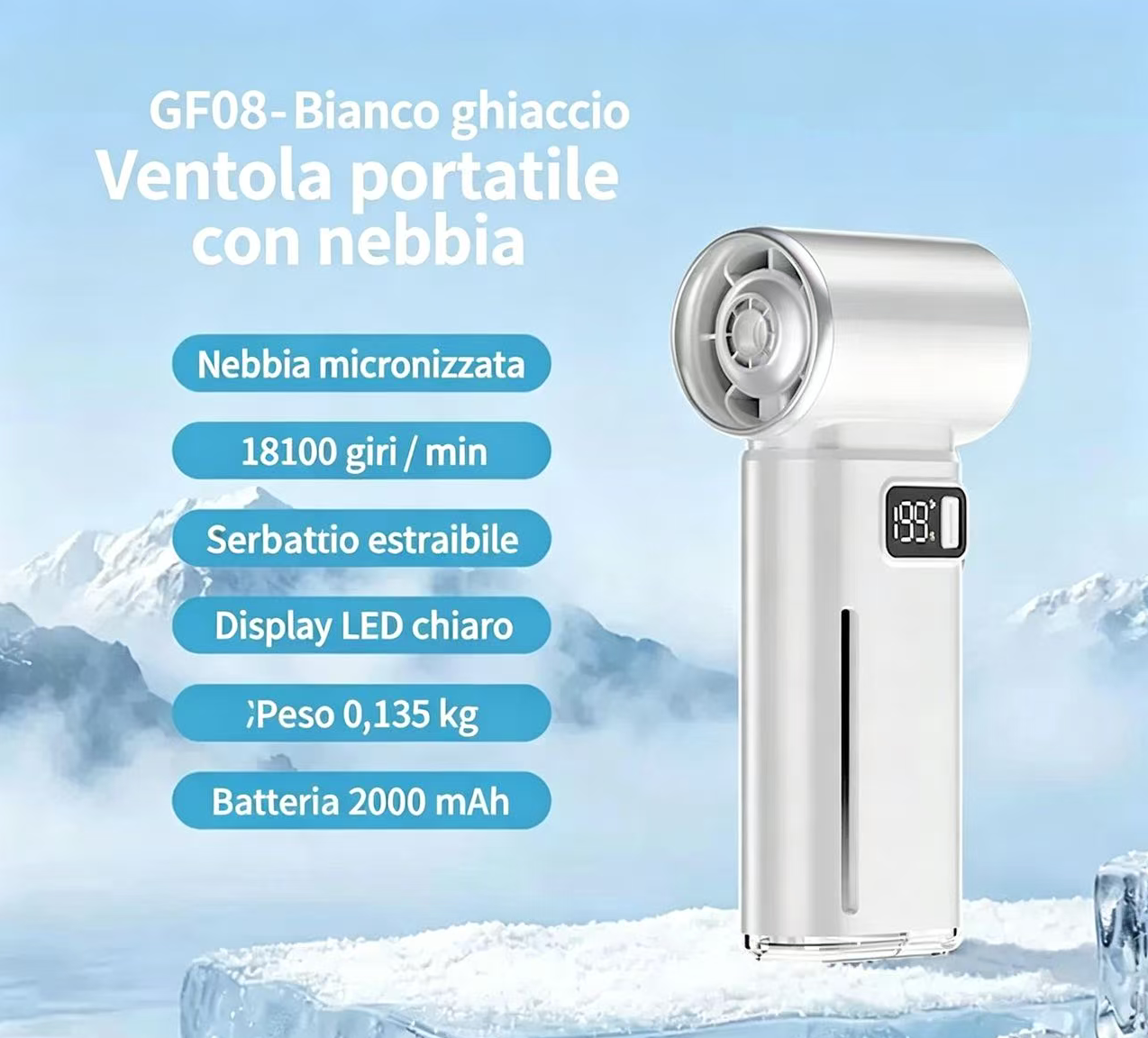 Ventilatore portatile bianco ghiaccio con nebbia, display LED, batteria 2000mAh.