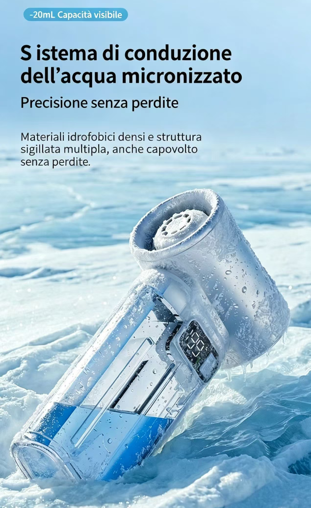 Un erogatore d'acqua ghiacciato con display digitale e liquido blu, sul ghiaccio.