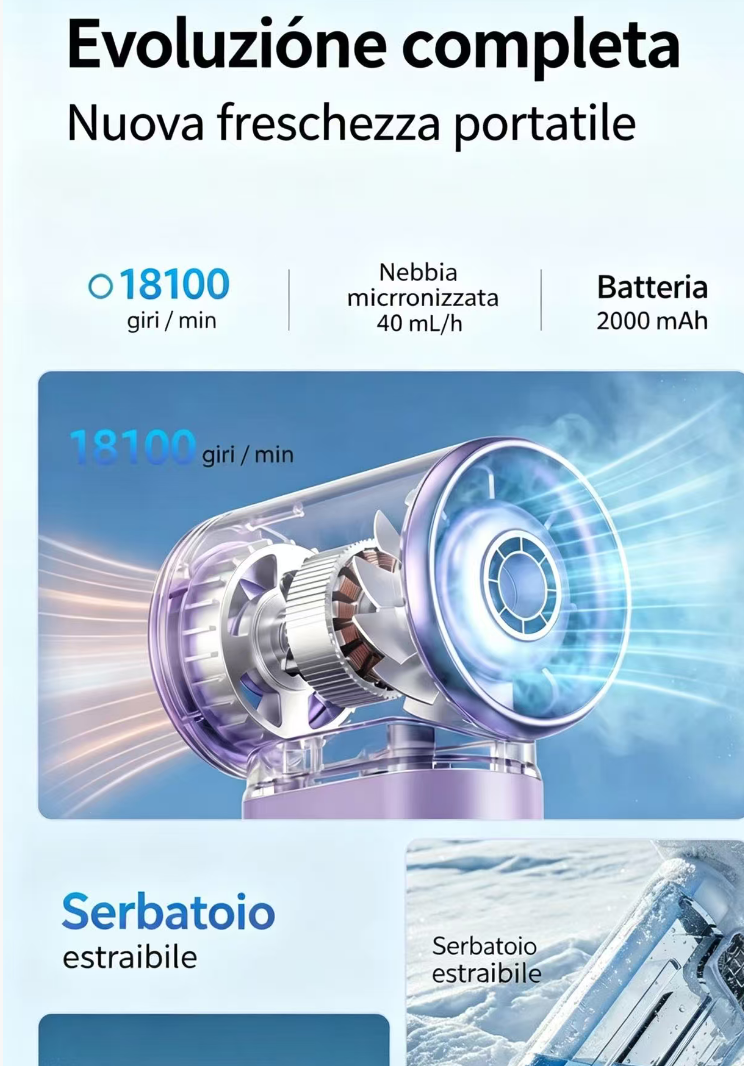 Ventilatore viola con nebulizzatore, 18100 giri/min. Batteria 2000 mAh.