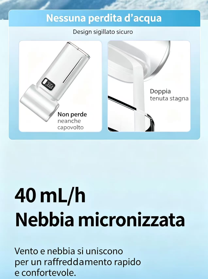 Un diffusore bianco con display digitale. Sotto indica 40 ml/h di nebbia micronizzata.
