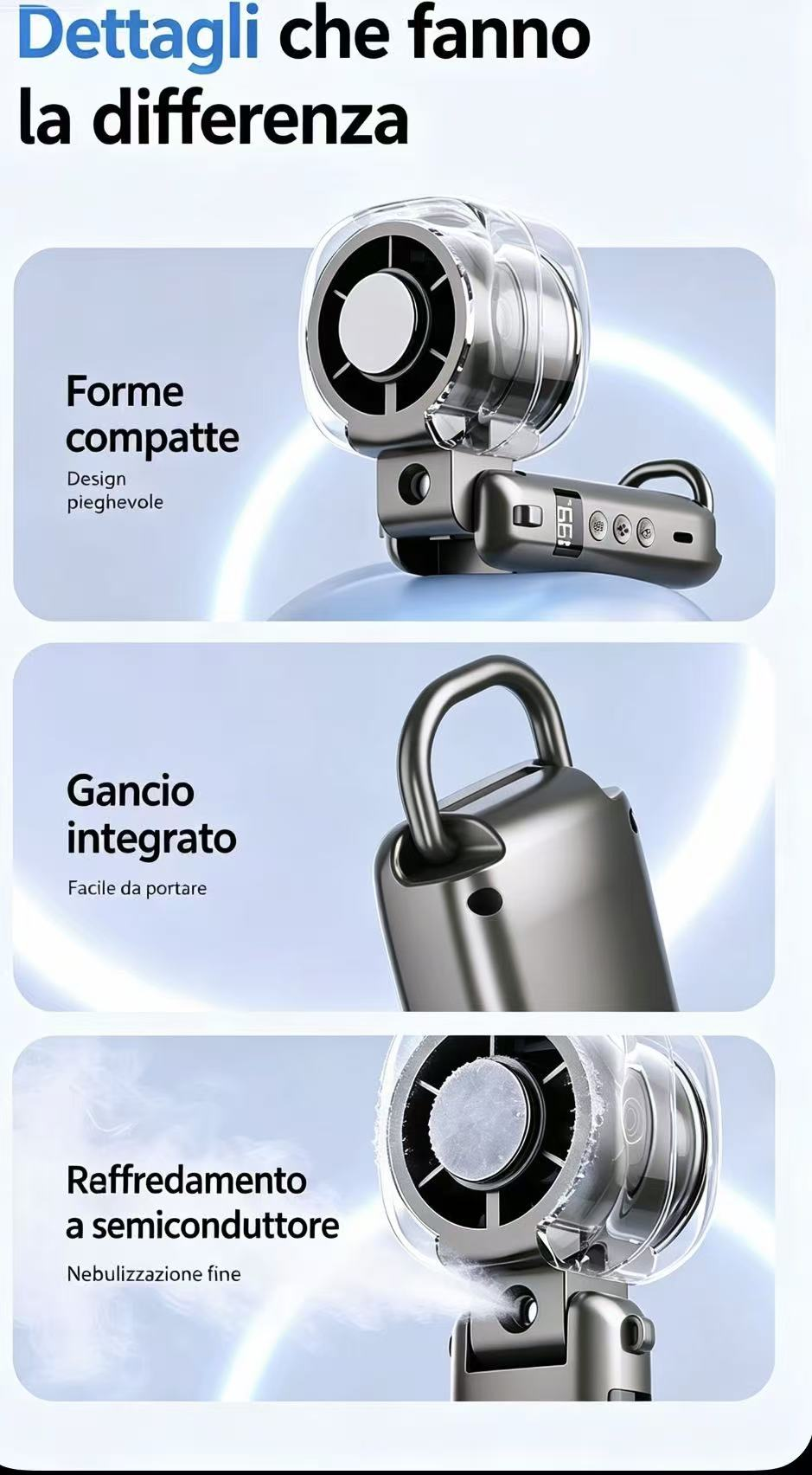 Un ventilatore argentato con custodia trasparente, design pieghevole, gancio e raffreddamento.