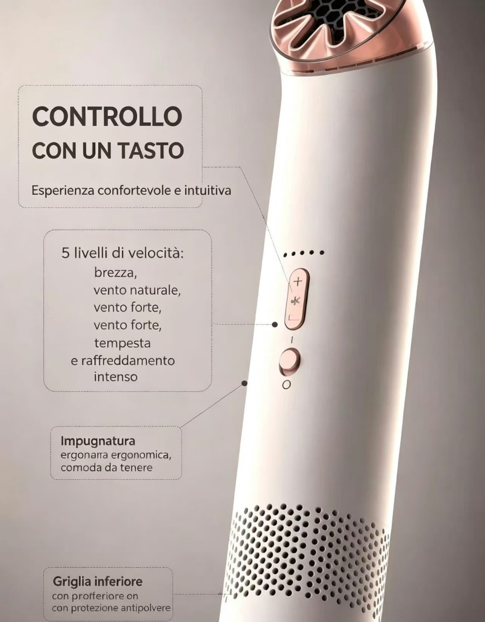 Un asciugacapelli bianco con accenti oro rosa e pulsanti.