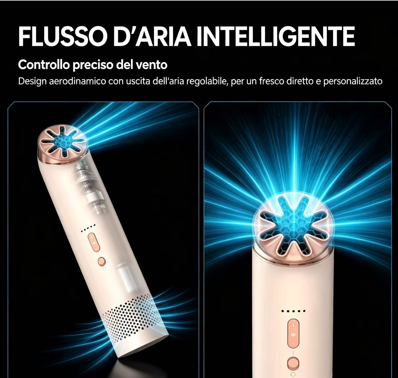 Un ventilatore beige con effetti a raggio di luce blu e pulsanti.