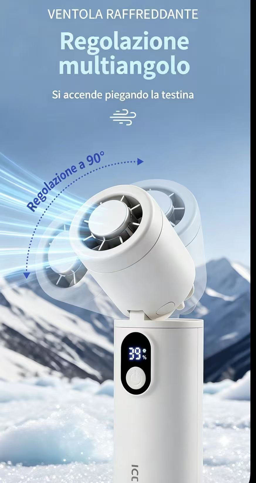 Ventilatore bianco con display digitale e regolazione a 90° all'aperto.