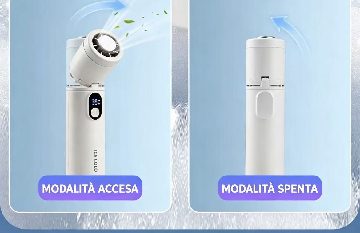 Due ventole bianche una accanto all'altra. Una accesa con display 39°C. L'altra spenta.