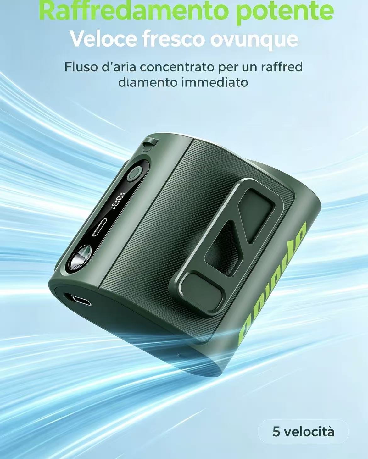 Un ventilatore verde a 5 velocità con display digitale.