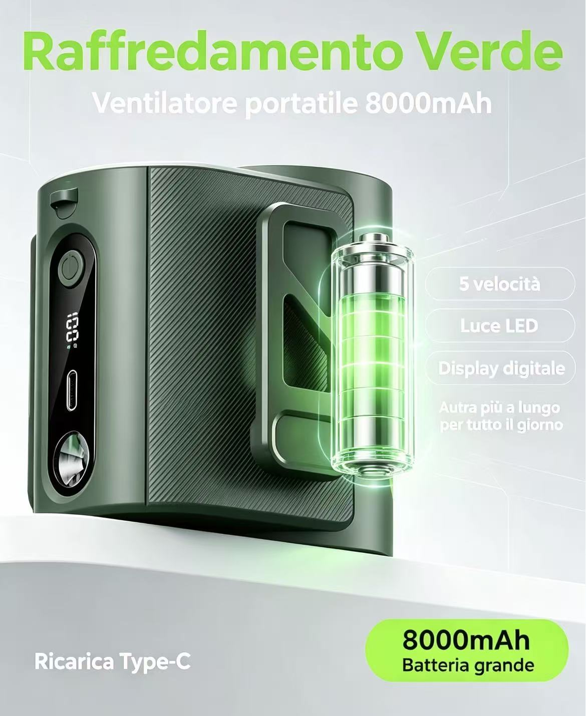Ventilatore portatile verde con batteria 8000mAh, display digitale e 5 velocità.