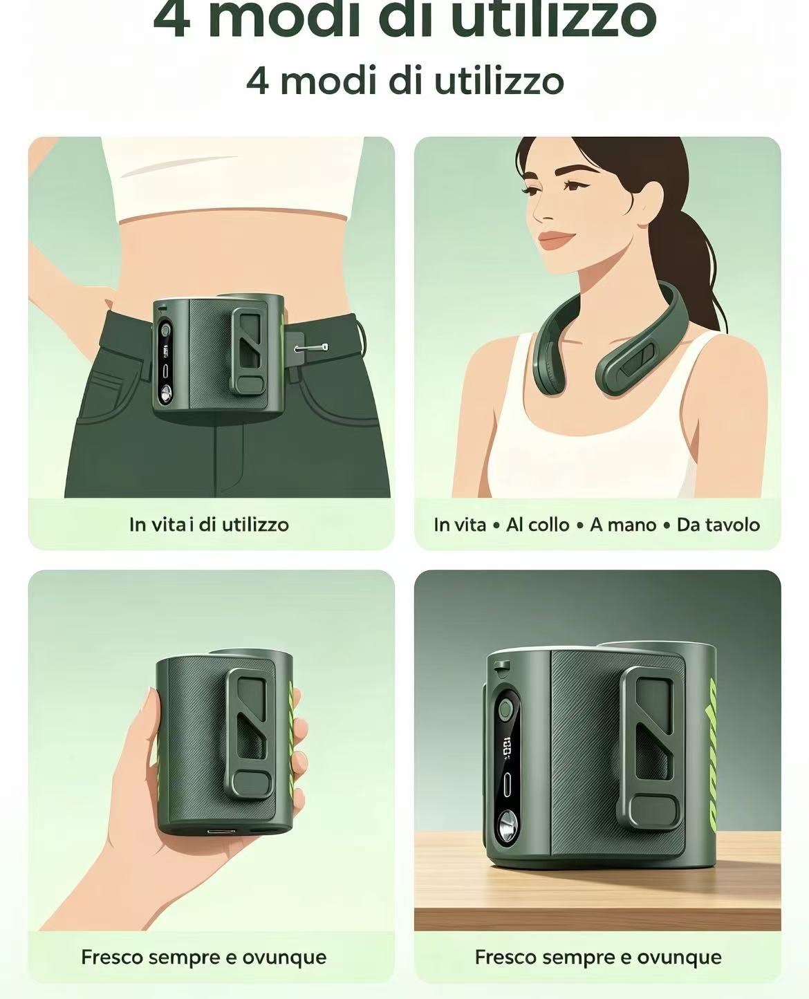 Quattro modalità d'uso: cintura, collo, mano, tavolo. Dispositivi verde scuro.