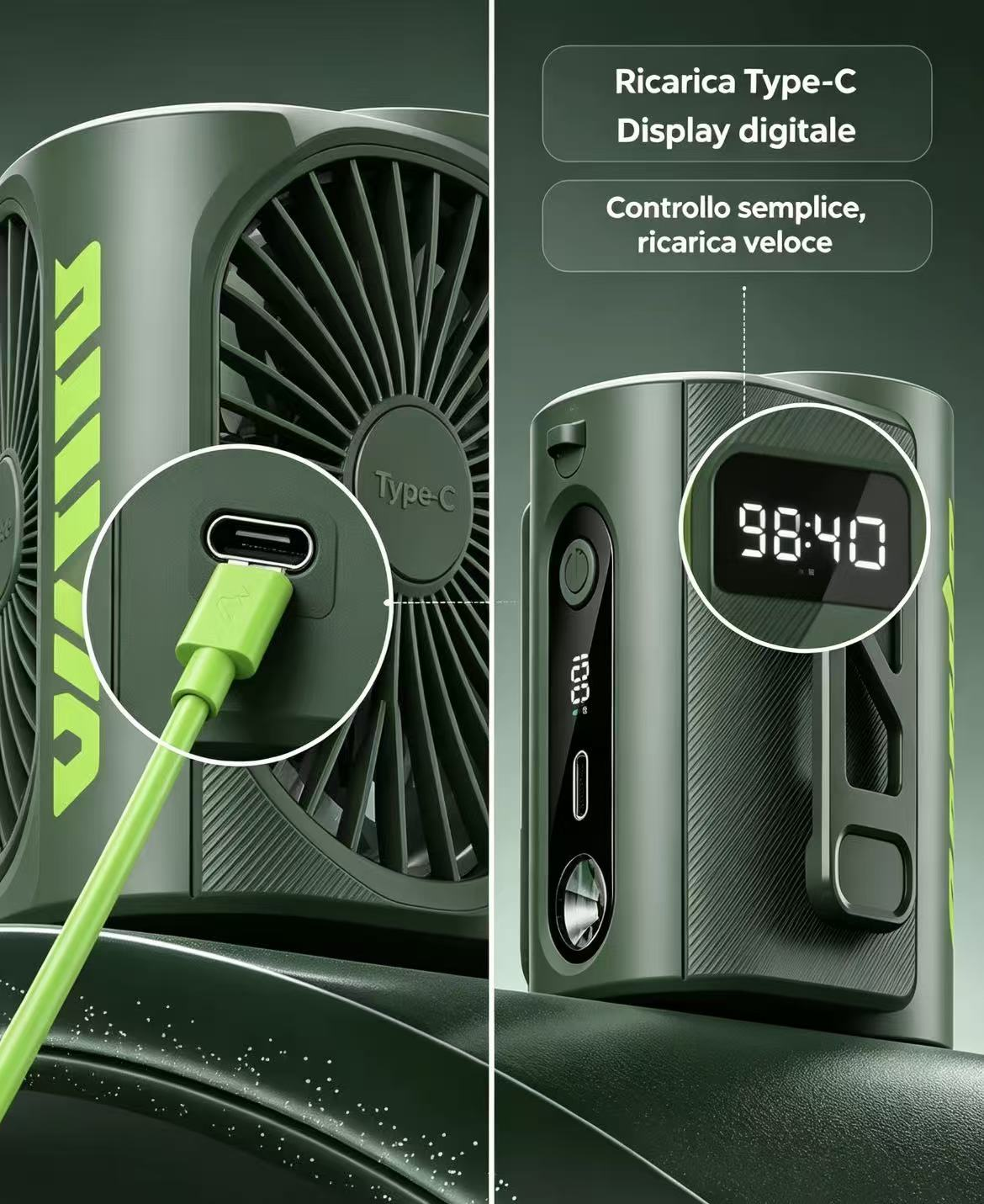 Ventilatore verde con porta di ricarica Type-C e display digitale 98:40.
