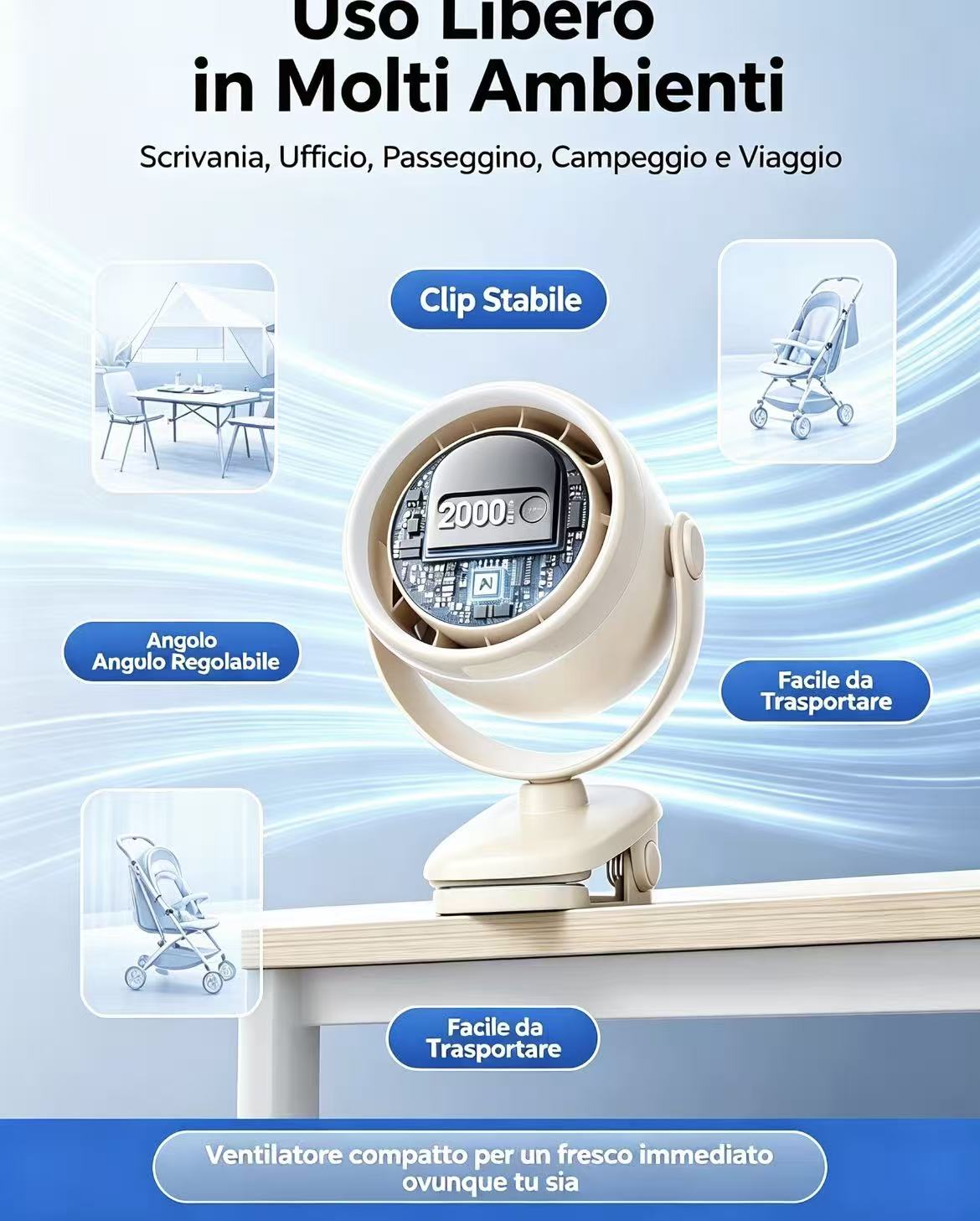 Ventilatore beige con base a clip su un tavolo. Vicino, passeggini e una tenda da campeggio.