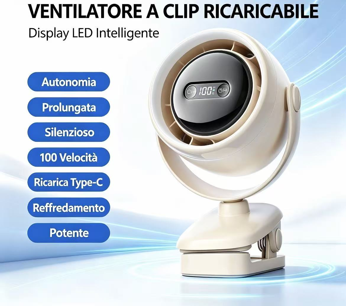 Ventilatore ricaricabile portatile a clip con display LED, mostra 100% di carica.