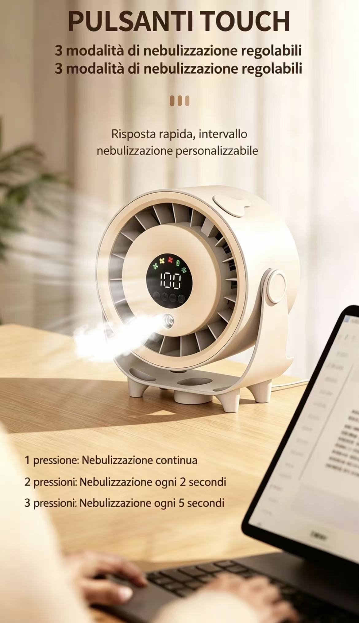 Un diffusore bianco con display digitale emette vapore. Su un tavolo di legno.