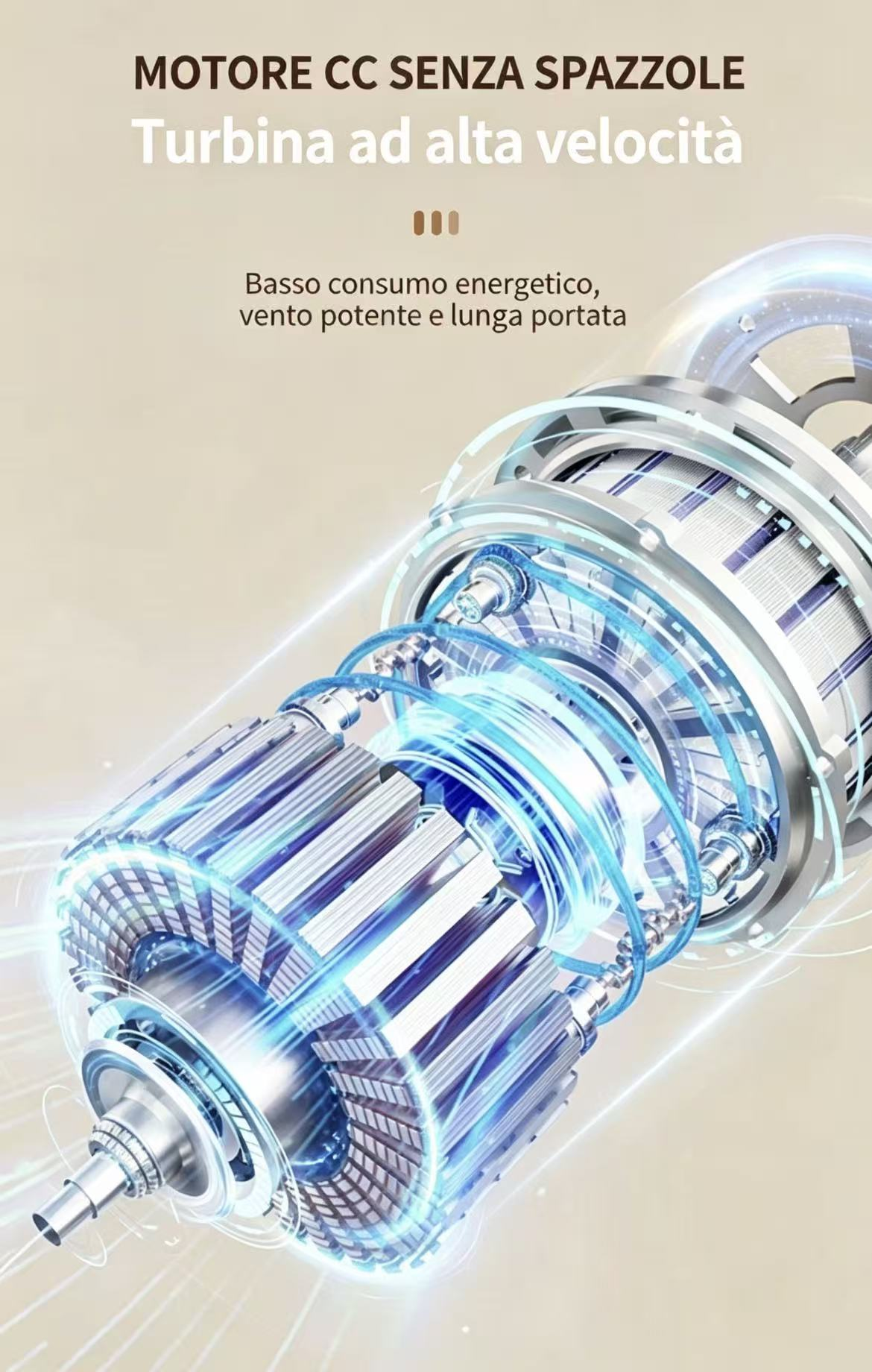 Motore CC senza spazzole con turbina ad alta velocità, luminosa blu.
